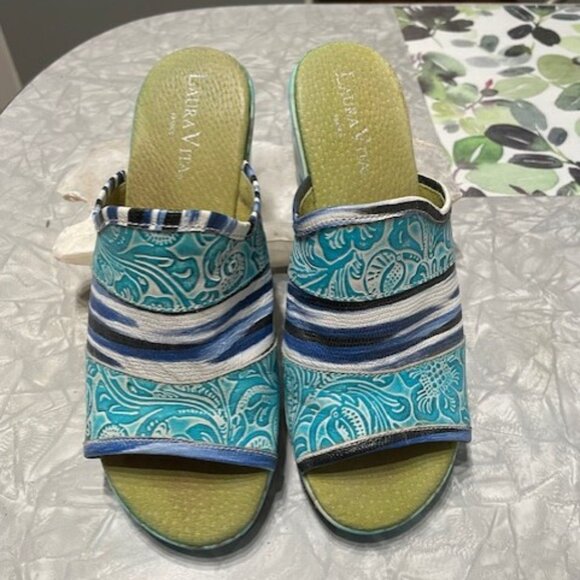 BNWOT Laura Vita France Turquoise Blue Colorful Heeled Sandals Size 36 - Picture 4 of 7